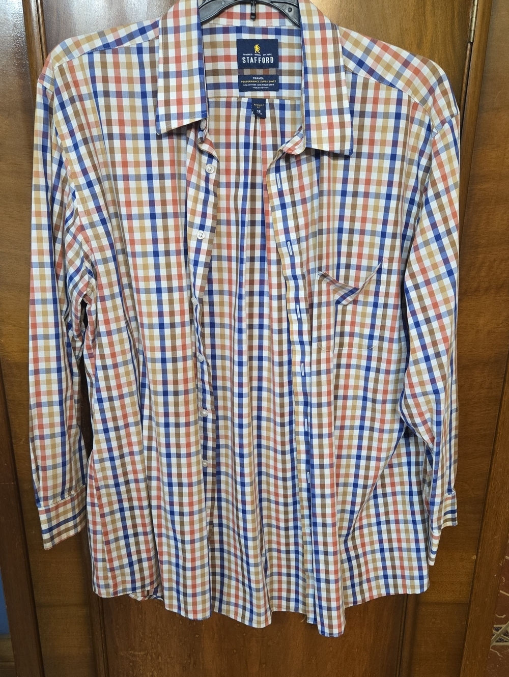 Stafford Men’s Blue, Orange & White Checked Button-Down Shirt